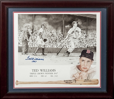 Ted Williams Signed and Inscribed Triple Crown Winner Lithograph Framed (JSA)